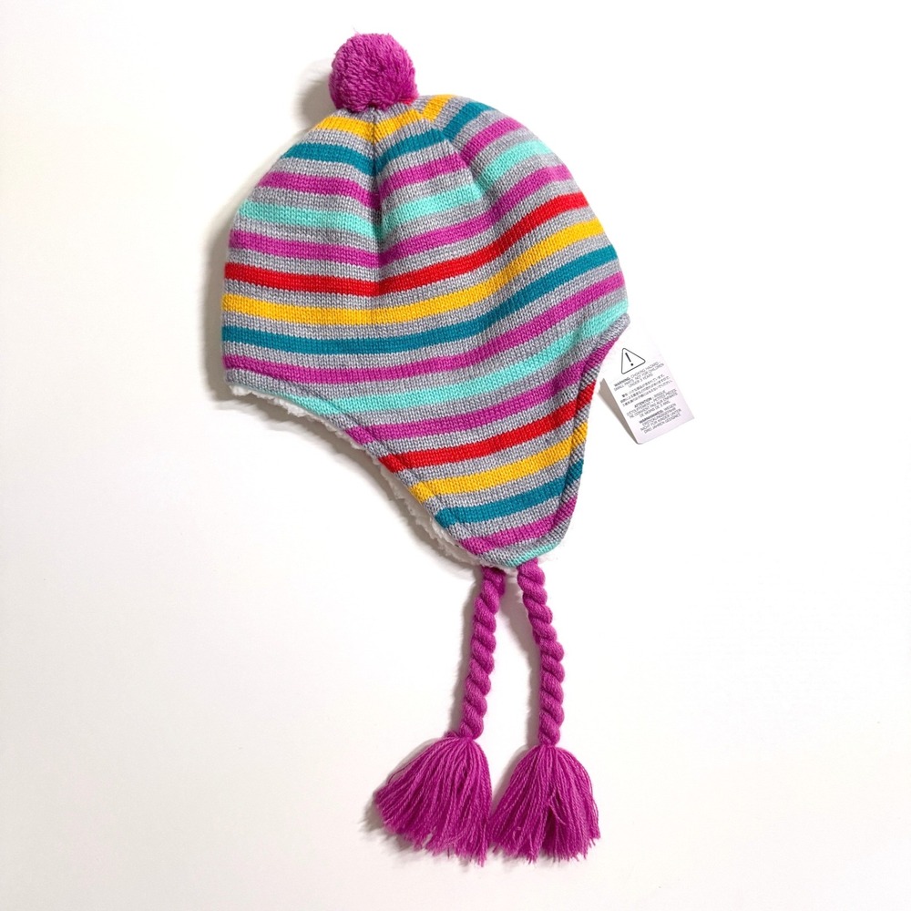 NWT Lands' End Kids Winter Hat M-L Colorful Striped Knit Sherpa Earflap PomPom